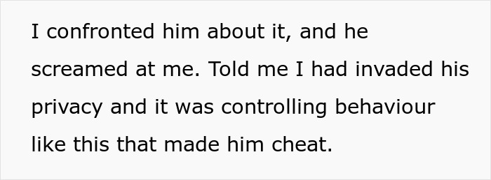 A black-on-white text screenshot where a fianc&eacute; blames the woman for his cheating.