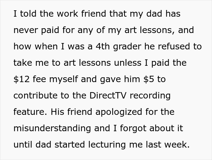 Text revealing the truth behind dad-shamed-daughter-pay-classes regarding payments for art lessons Text revealing the truth behind dad-shamed-daughter-pay-classes regarding payments for art lessons