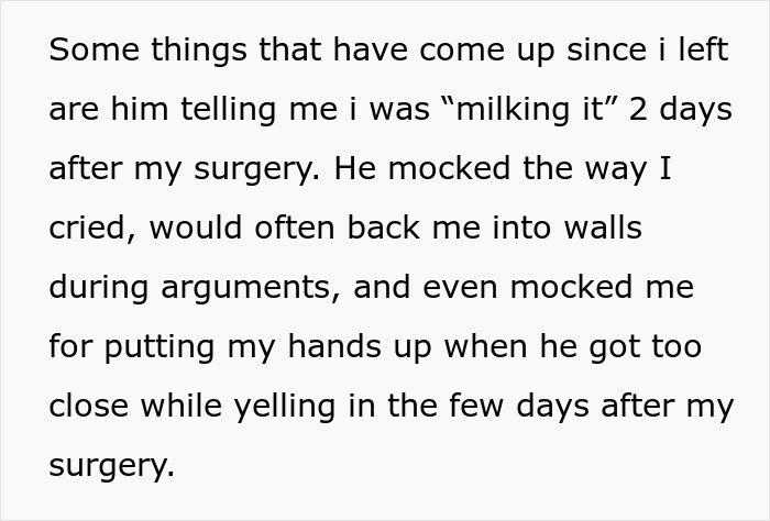 A text post about a boyfriend mocking his girlfriend's recovery from surgery.