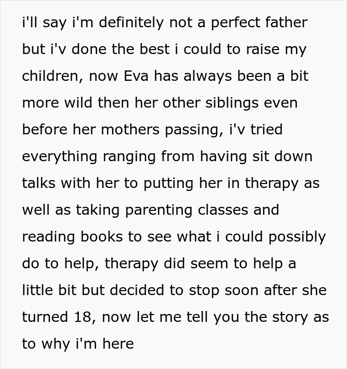 Text post where a dad describes trying his best to raise his family and seek therapy for his daughter Text post where a dad describes trying his best to raise his family and seek therapy for his daughter