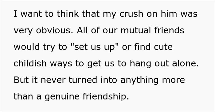 Screenshot of text detailing a crush on a bestie and how friends tried to set us up. Screenshot of text detailing a crush on a bestie and how friends tried to set us up.