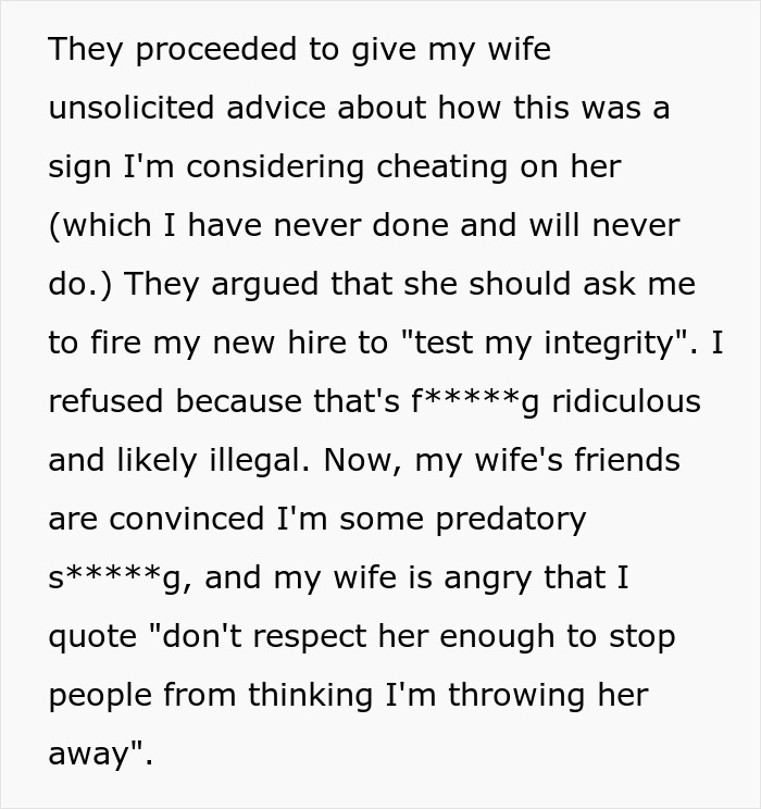A screenshot of a text post detailing a wife demanding to fire the assistant A screenshot of a text post detailing a wife demanding to fire the assistant