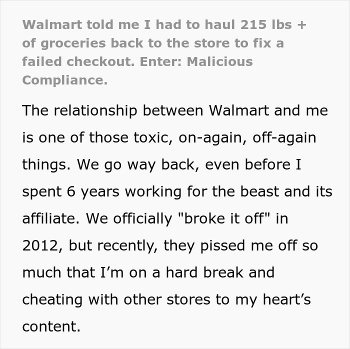 Social media text post sharing a story about a failed checkout and malicious compliance. Social media text post sharing a story about a failed checkout and malicious compliance.