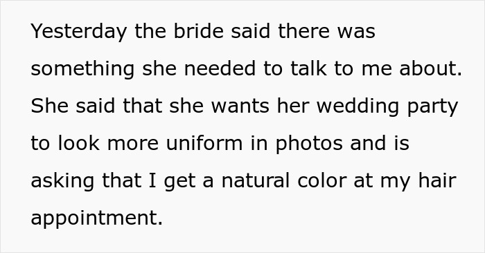 Woman Spends A Fortune On Vivid Hair, Gets Told To Dye It A Natural Color To Fit Into Wedding Party Woman Spends A Fortune On Vivid Hair, Gets Told To Dye It A Natural Color To Fit Into Wedding Party