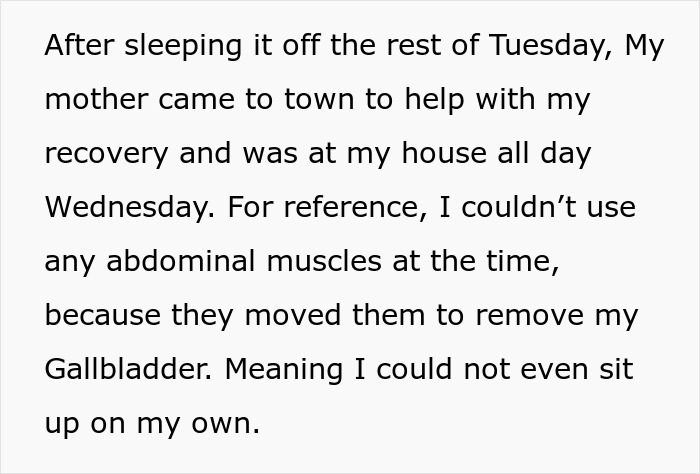 Text post explaining the physical struggles a woman faces at home while she recovers from surgery.