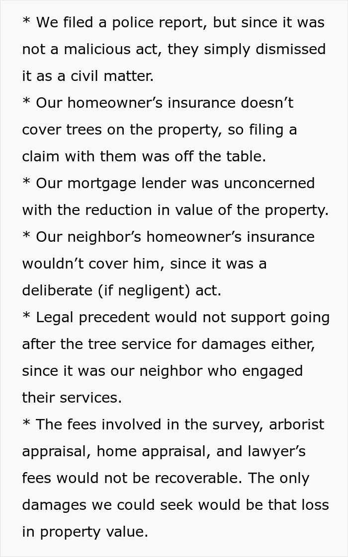 Text listing various details about police reports, insurance, and seeking damages for the tree. Text listing various details about police reports, insurance, and seeking damages for the tree.