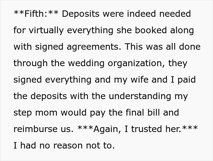 Text detailing signed agreements and deposits for wedding with stepmom