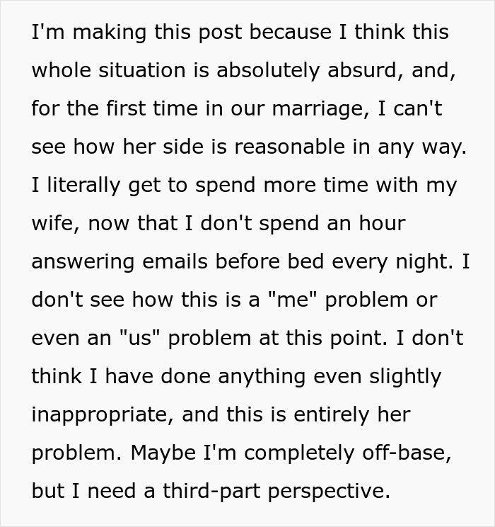 A screenshot of a text post reflecting on a wife's absurd request to fire assistant. A screenshot of a text post reflecting on a wife's absurd request to fire assistant.