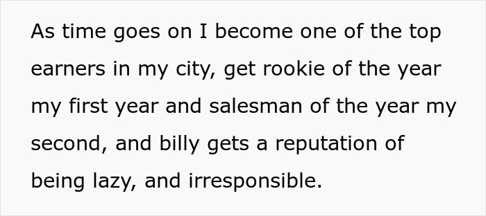 Text about an employee becoming a top earner while the boss gets a reputation for being lazy