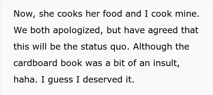 A online comment discussing a man’s dislike for wife’s cultural cuisine and how they handle food separately. A online comment discussing a man’s dislike for wife’s cultural cuisine and how they handle food separately.
