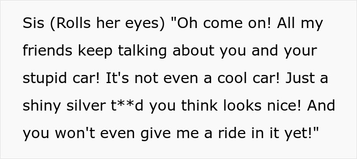 Text graphic detailing a jealous sis complaining about her brother's new shiny silver car Text graphic detailing a jealous sis complaining about her brother's new shiny silver car