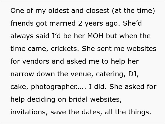 Bride Promised Her Friend The MOH Spot For 15 Years, Then Asked Her To Fetch Drinks At The Wedding Bride Promised Her Friend The MOH Spot For 15 Years, Then Asked Her To Fetch Drinks At The Wedding