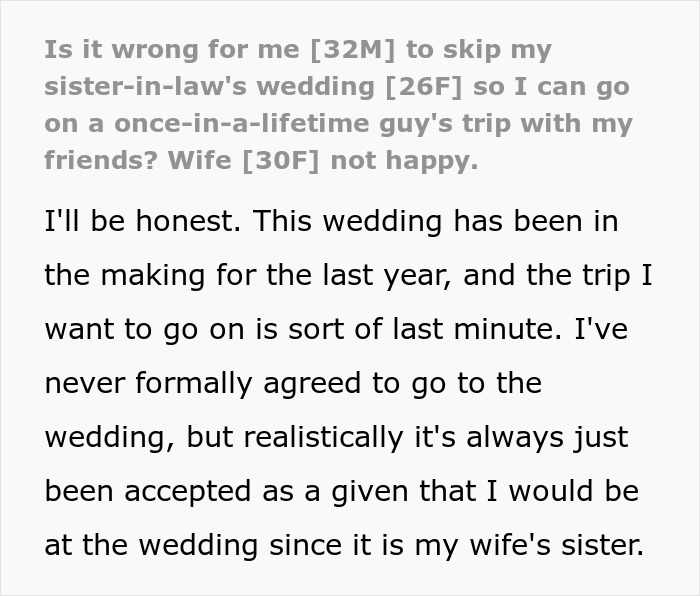 Reddit text post asking if skipping a SIL wedding for an Australia trip is wrong. Reddit text post asking if skipping a SIL wedding for an Australia trip is wrong.