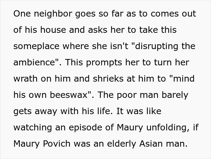 Text story about a neighbor telling a woman to stop disrupting the Halloween ambience