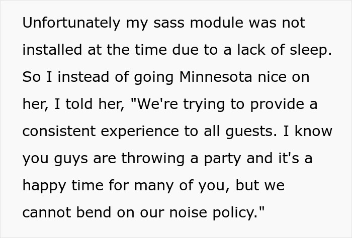 Text snippet explaining that the hotel will not bend its rules for the bridezilla.