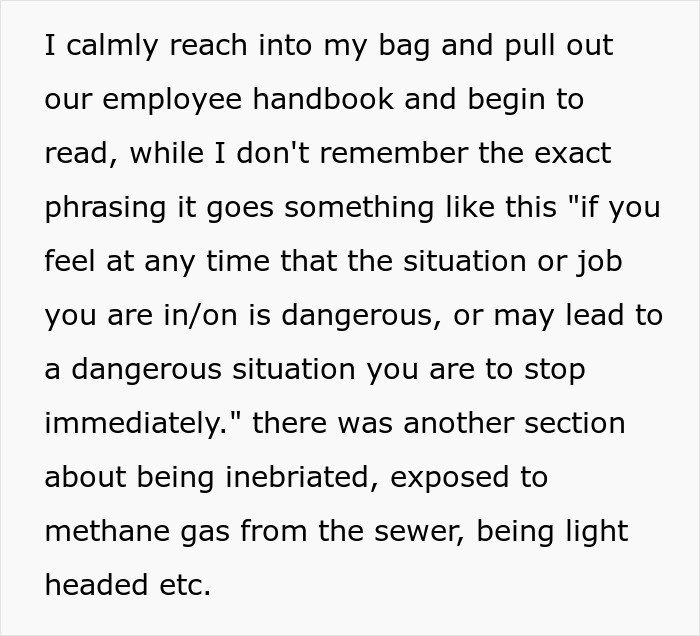 Text snippet explaining the employee handbook rules on dangerous situations at work