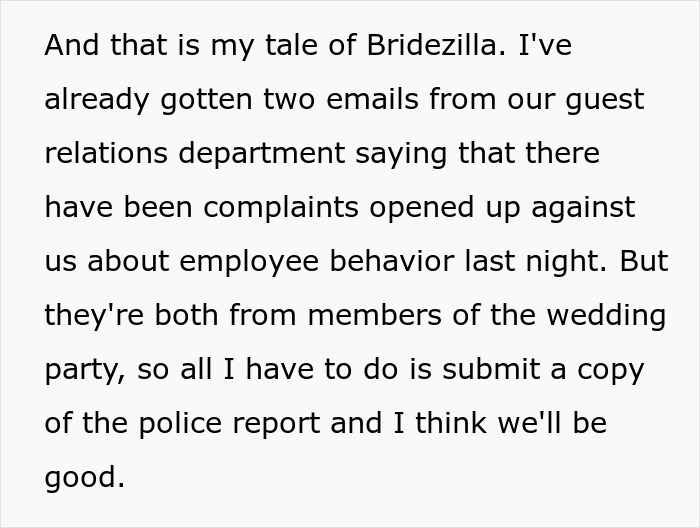 Text post about bridezilla ruins hotel rooms sharing a story of police reports and guest relations.