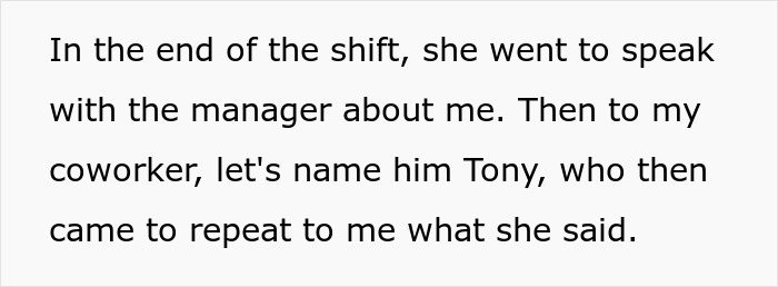 Text snippet explaining how a bossy coworker went to speak to the manager about getting a waiter fired. Text snippet explaining how a bossy coworker went to speak to the manager about getting a waiter fired.