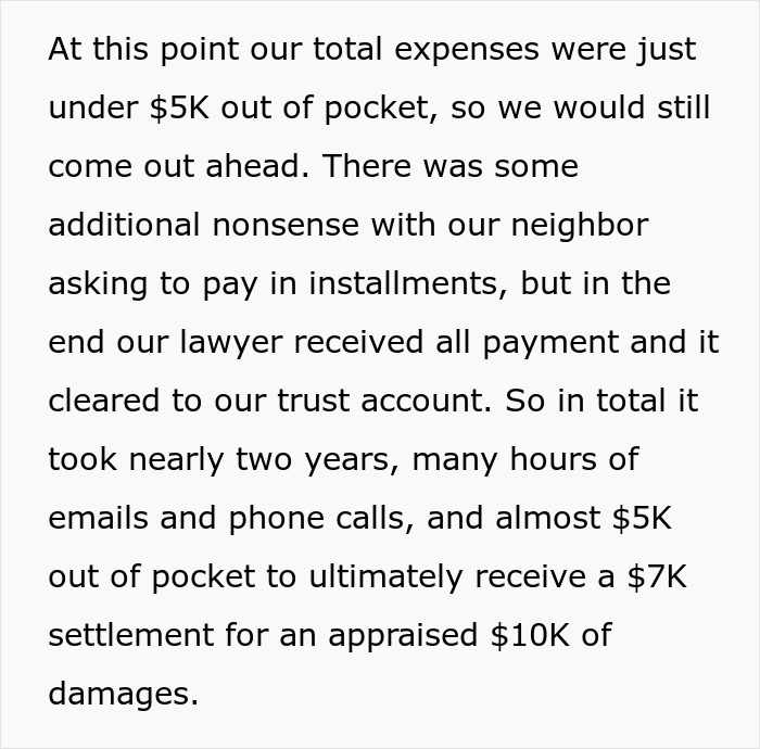 A text screenshot about the total expenses of settling a dispute with an entitled neighbor over a cut down tree. A text screenshot about the total expenses of settling a dispute with an entitled neighbor over a cut down tree.