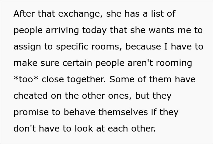 Text showing how a bridezilla tries to separate wedding guests due to past relationship drama.