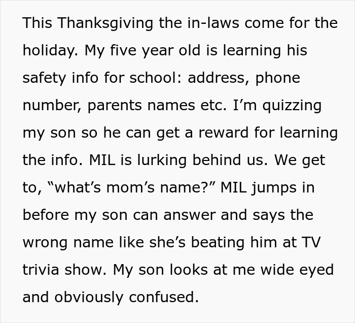 Screenshot describing a Thanksgiving incident where MIL jumps in to give the wrong name for DIL to a child. Screenshot describing a Thanksgiving incident where MIL jumps in to give the wrong name for DIL to a child.