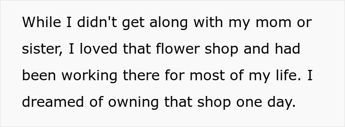 Text about working at the flower shop and dreaming of owning the business one day despite family conflict. Text about working at the flower shop and dreaming of owning the business one day despite family conflict.