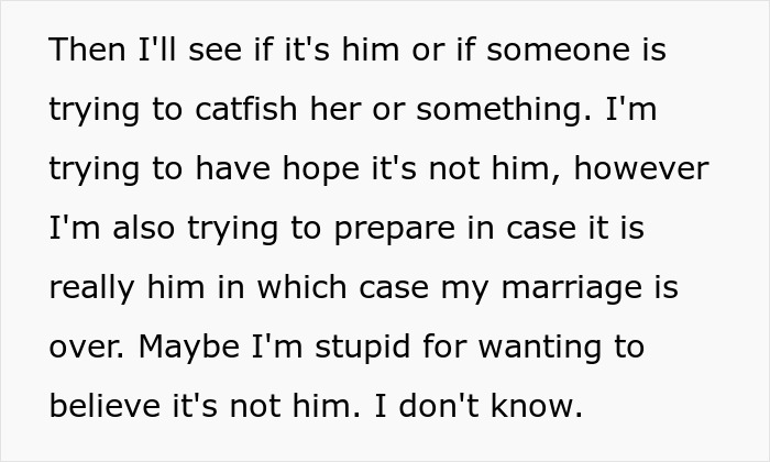 Text about fear of husband's dating app profile ending marriage