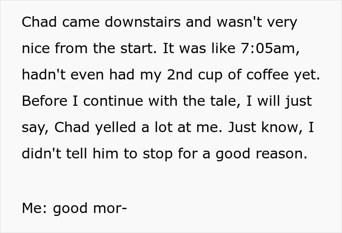 Text describing confrontation with rude hotel guest named Chad Text describing confrontation with rude hotel guest named Chad