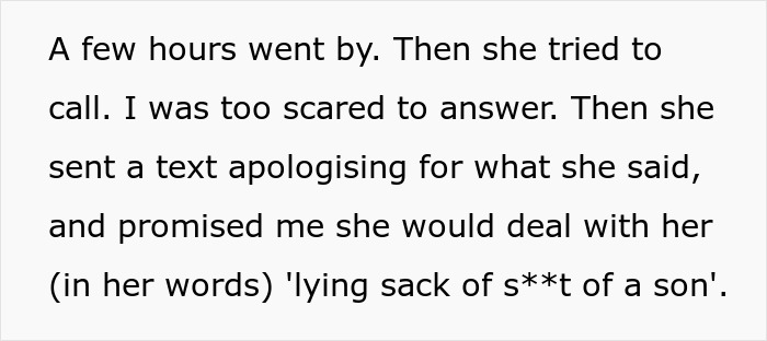 Screenshot of text story detailing the mother's angry reaction to the ex-fianc&eacute;'s lies.