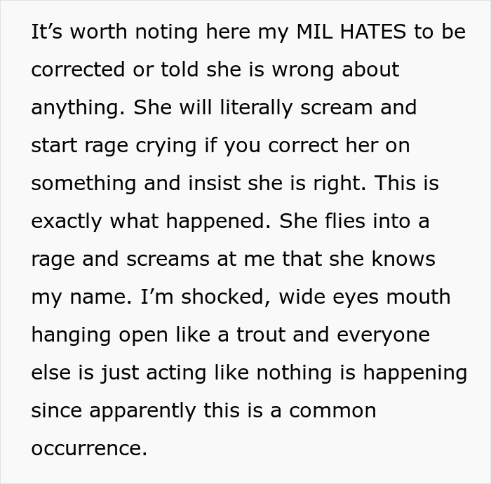 Text snippet explaining how MIL hates to be corrected about DIL's name, flying into a rage when confronted. Text snippet explaining how MIL hates to be corrected about DIL's name, flying into a rage when confronted.