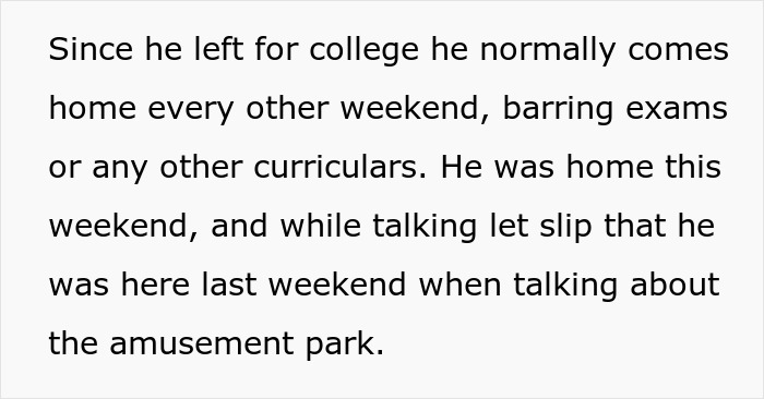 Text explaining a son's college visits and weekend routines Text explaining a son's college visits and weekend routines