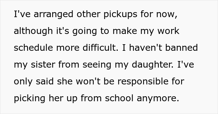 Text discussing new arrangements after aunt leaves 8yo niece alone at school and gets banned from pickups. Text discussing new arrangements after aunt leaves 8yo niece alone at school and gets banned from pickups.