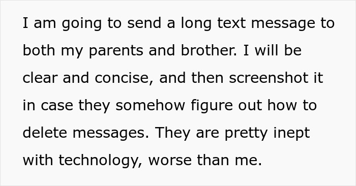 A text post explaining plans to send a clear boundary message to parents and brother. A text post explaining plans to send a clear boundary message to parents and brother.