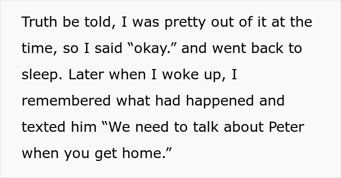 A screenshot of text describing a conversation about a large dog after a girlfriend's surgery