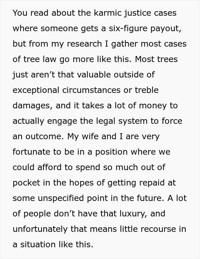 A text screenshot about the reality of tree law and lawsuits against an entitled neighbor who cuts down a tree. A text screenshot about the reality of tree law and lawsuits against an entitled neighbor who cuts down a tree.