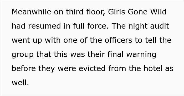 A black text screenshot about a bridezilla ruins hotel rooms party getting a final warning before eviction