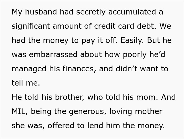 Text about husband's secret credit card debt and toxic mom involvement Text about husband's secret credit card debt and toxic mom involvement