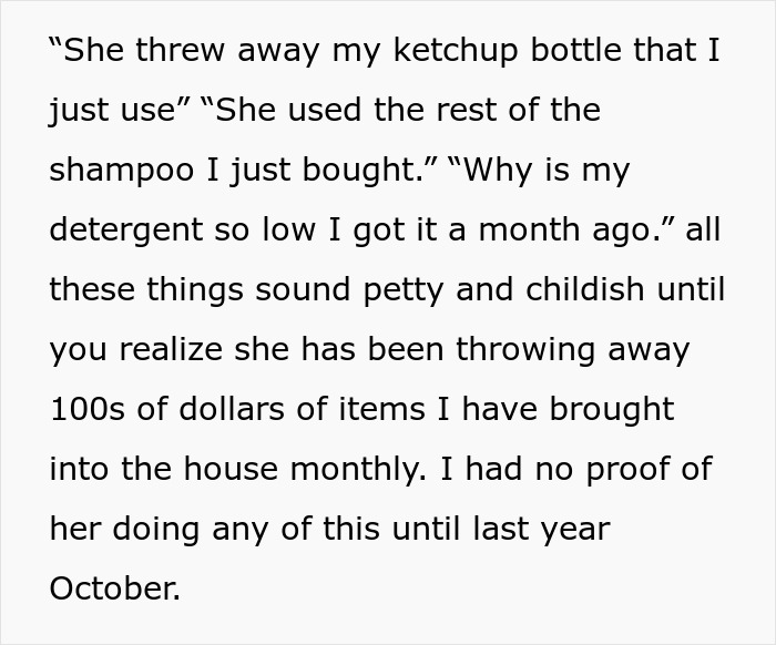 Text detailing hundreds of dollars lost from stepmother throwing away stepchild's food.