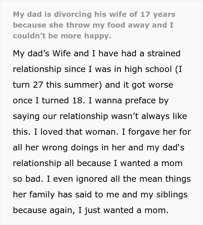 Screenshot of text about dad divorcing wife for throwing stepchild's food away