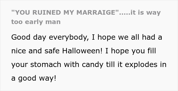 Text about ruined marriage and Halloween candy in hotel billing story Text about ruined marriage and Halloween candy in hotel billing story