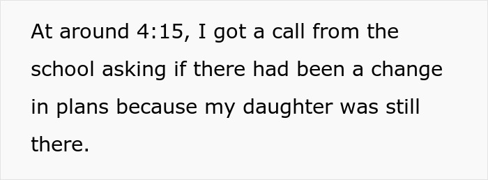 Online story text describing a phone call from the school asking about a child left behind. Online story text describing a phone call from the school asking about a child left behind.