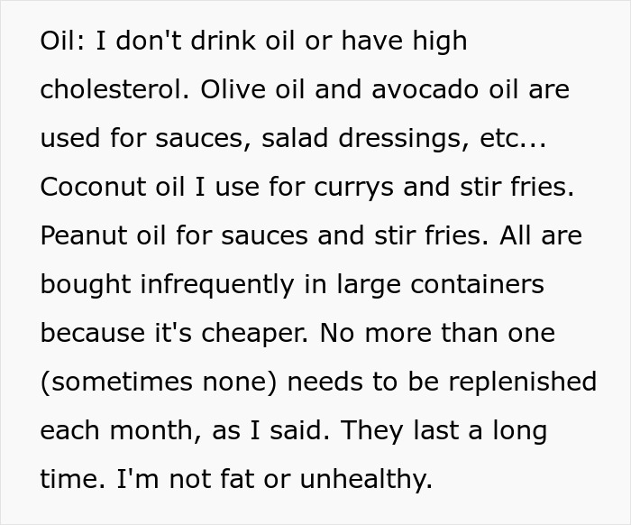 A black on white text post detailing dietary habits involving cashews and olive oil usage. A black on white text post detailing dietary habits involving cashews and olive oil usage.