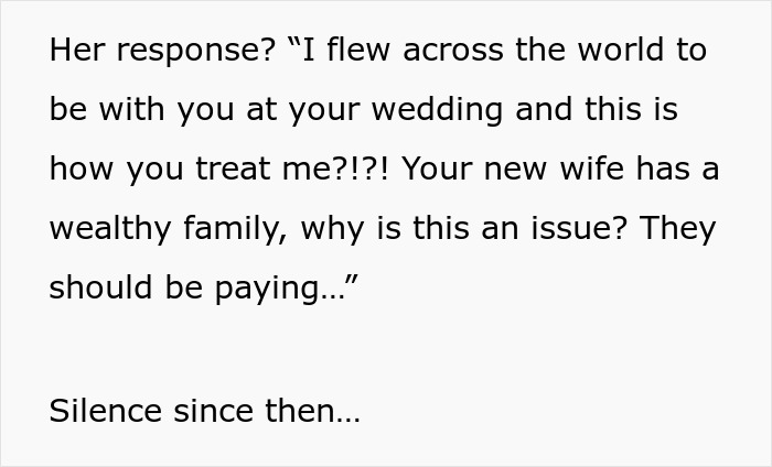 Text excerpt of groom's stepmom response after wedding expense dispute