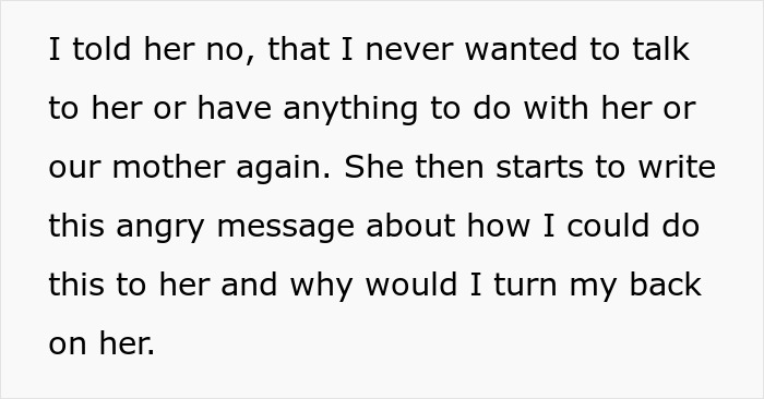 Screenshot of text detailing a refusal to reconnect with mom favorite daughter and her angry reaction. Screenshot of text detailing a refusal to reconnect with mom favorite daughter and her angry reaction.