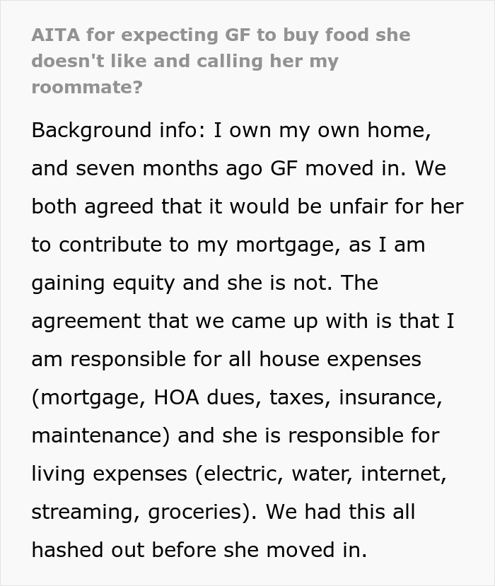 A text post discussing an AITA question about a couple fights over living expenses and groceries A text post discussing an AITA question about a couple fights over living expenses and groceries