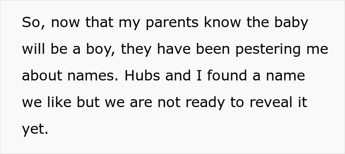 Text image about parents pestering a woman for baby names before giving birth. Text image about parents pestering a woman for baby names before giving birth.