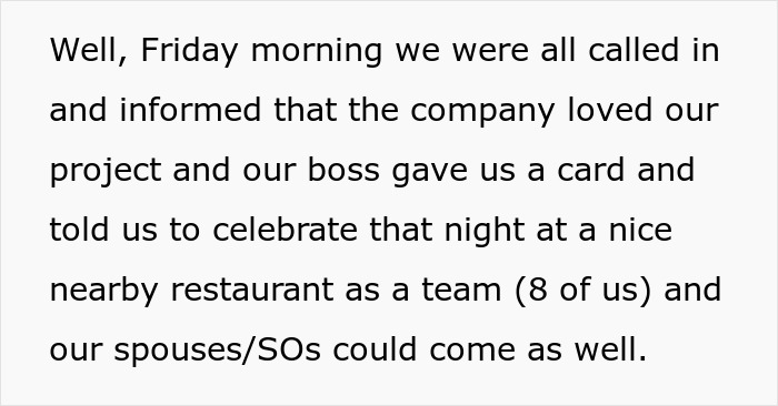 Screenshot of text explaining a dinner celebration in a story about a woman who tricks her BF about being pregnant. Screenshot of text explaining a dinner celebration in a story about a woman who tricks her BF about being pregnant.
