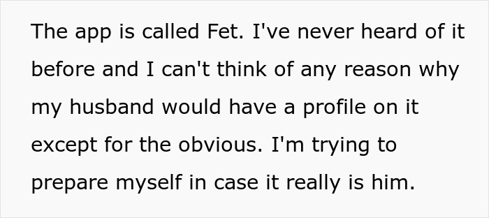 Text mentioning unknown dating app Fet and suspicion of husband's profile