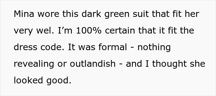 Text explaining how Mina wore a green suit that fit the dress code of the event. Text explaining how Mina wore a green suit that fit the dress code of the event.