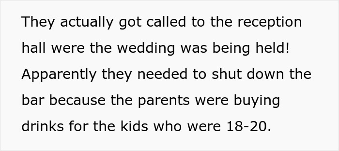 Black text describing a bridezilla ruins hotel rooms wedding scenario where parents buy underage drinks.